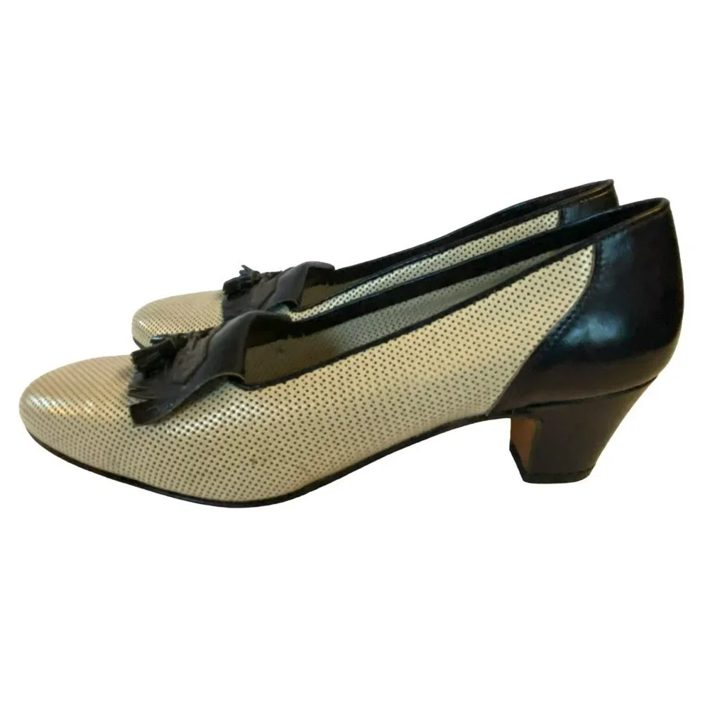 Vintage Breazioni Arabella US9 Heels Shoes Italy Navy White Leather Vero Cuoio - Picture 3 of 9